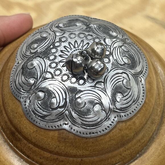 Handcrafted Mango Wood Thailand Round Wooden Box With Silver Metal Bells - Picture 9 of 9